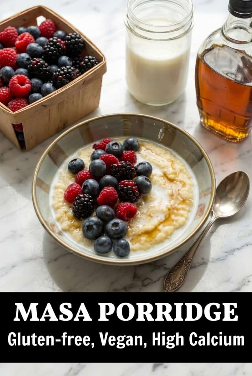 beautiful bowl of masa hot porridge topped with berries and title overlay