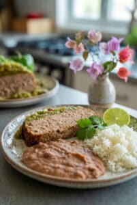 healthy turkey meatloaf served with refried beans and white rice - process photo