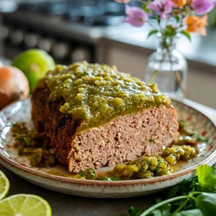 a sliced healthy mexican ground turkey meatloaf, served on a plate