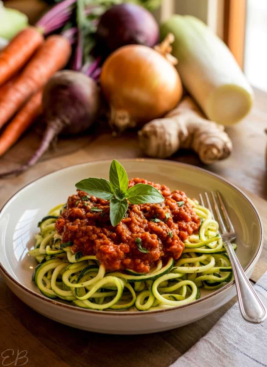 up close nomato marinara sauce with beets and carrots, served on zucchini noodles