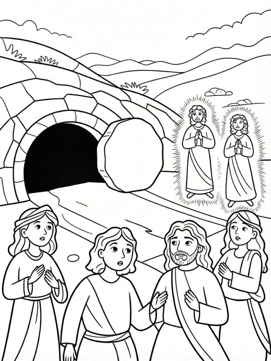 He is Risen! Easter coloring page for kids showing the open tomb