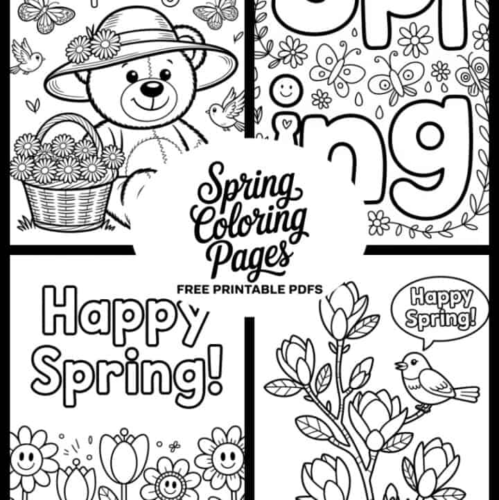 4 spring coloring page images with text overlay: Spring Coloring Pages, Free Printable PDFs