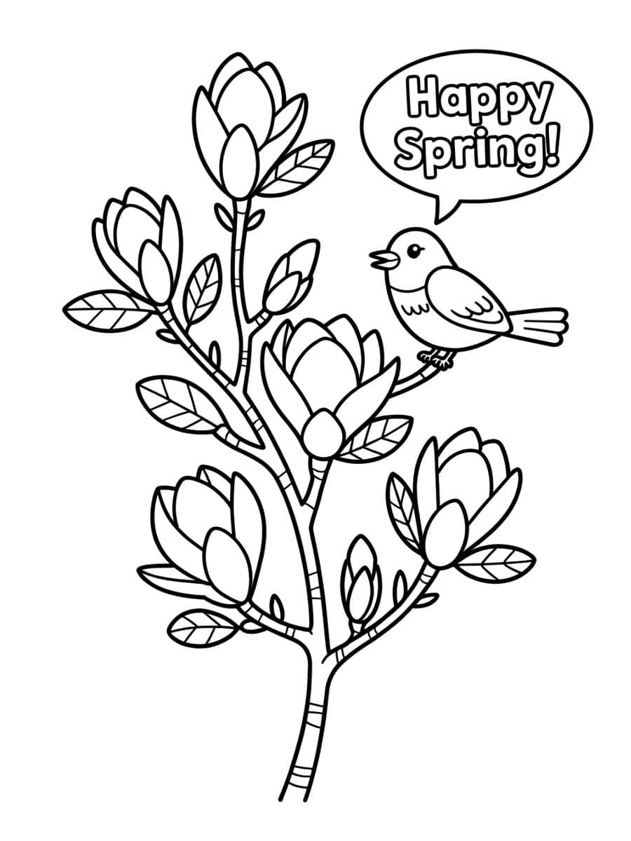 bird on magnolia branch saying, "Happy spring!"