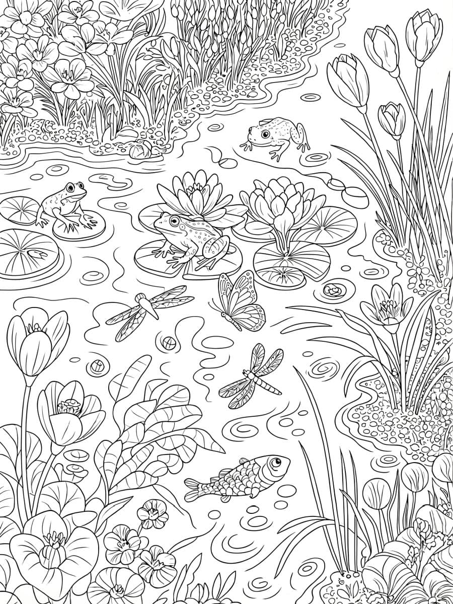 water lilies and pond coloring page for spring for adults