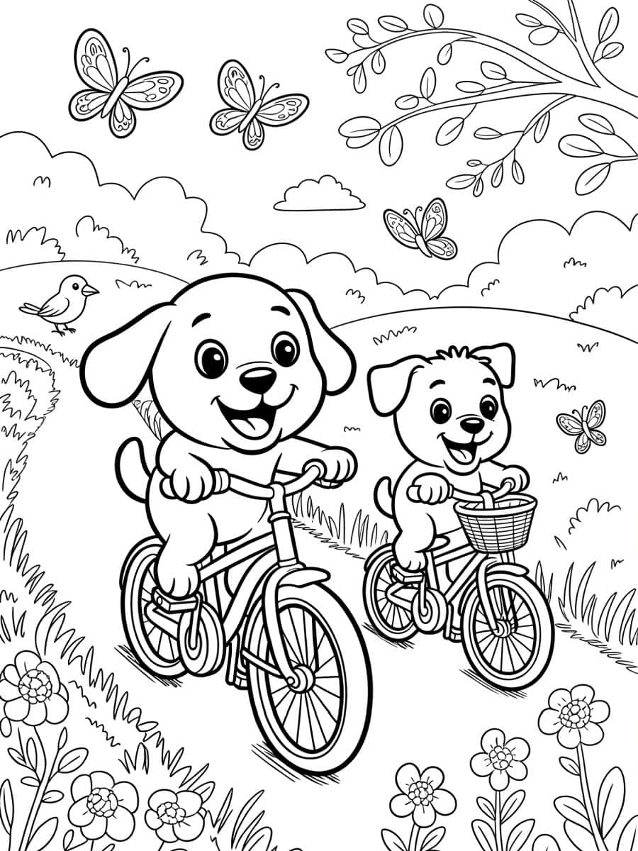 puppies on a bike ride in spring time coloring sheet for kids