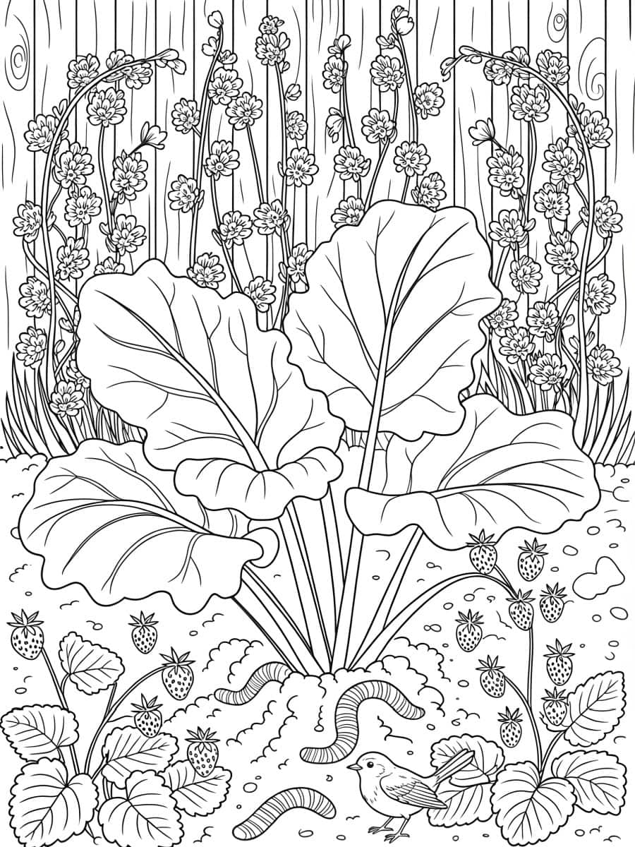 spring rhubarb and strawberries gardening coloring page for adults
