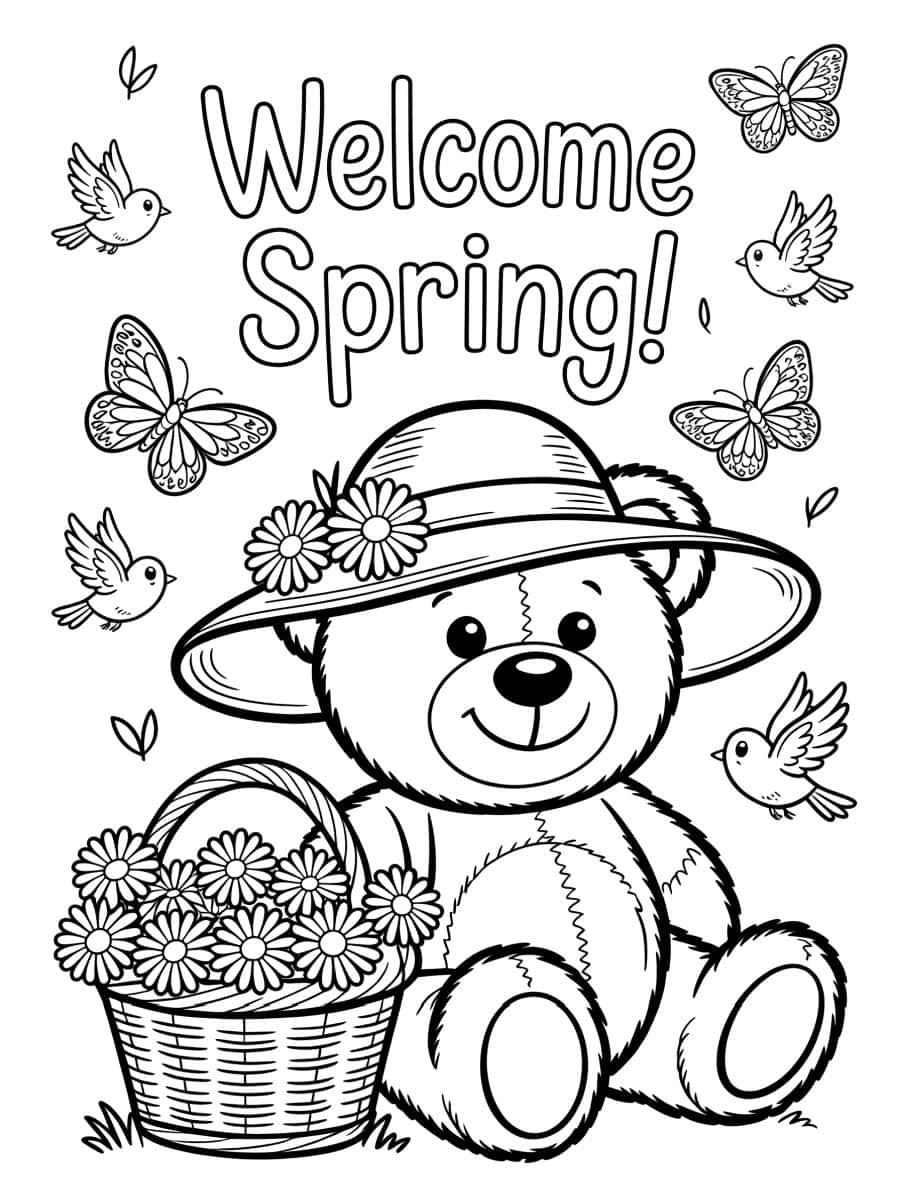 "Welcome Spring" message with cute teddy bear coloring page for kids