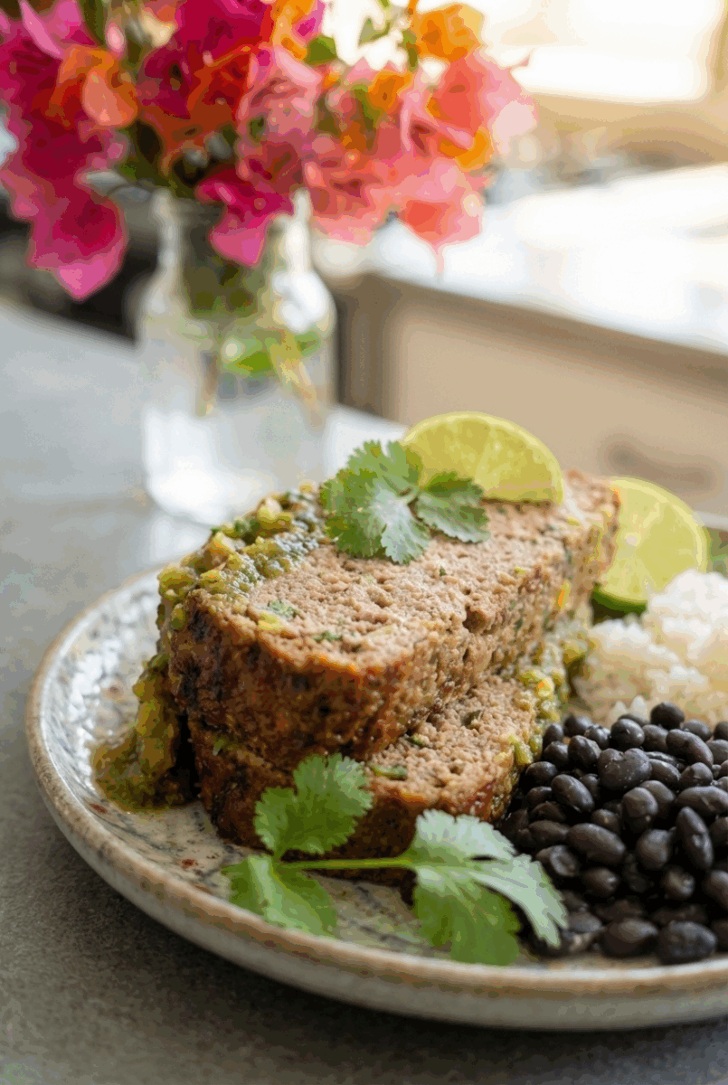slices of turkey meatloaf served with rice and beans