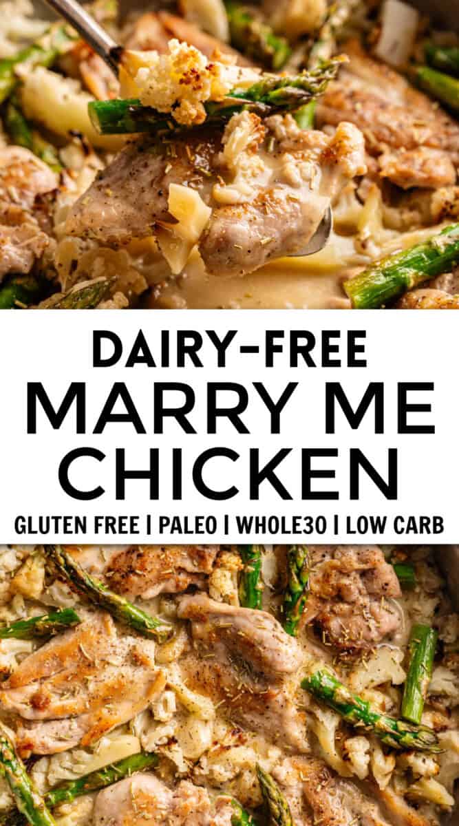 two photos of marry me chicken up close with recipe title that includes: dairy free, gluten free, paleo, whole30 and low carb labeling