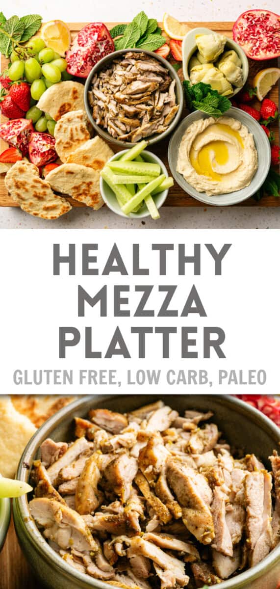 A Healthy Mezza Platter that's anti inflammation with recipe title overlay and an upclose of za'atar chicken