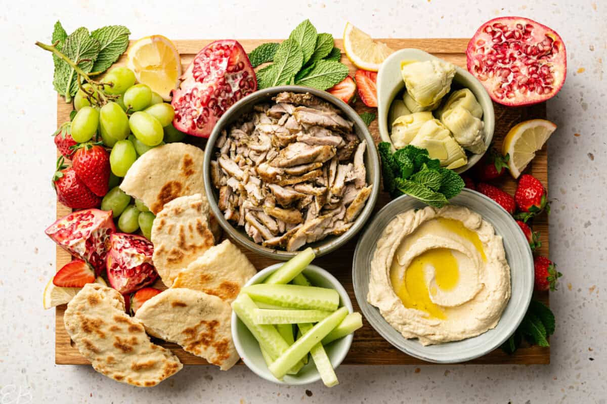 a beautiful board of healthy mezza foods that create an anti inflammation feast