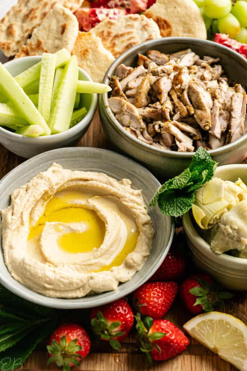 up close of hummus and healthy mezza platter
