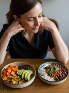 a woman choosing a low copper bowl of food instead of high copper foods for better sleep and mental health, to detox