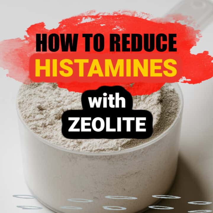a scoop of zeolite with text overlay: "How to Reduce Histamines with Zeolite"