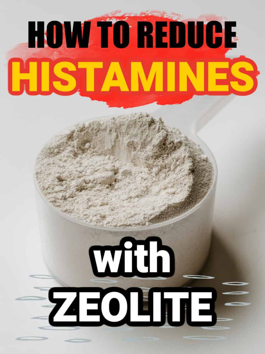 a scoop of zeolite powder with text overlay that reads, "How to Reduce Histamines with Zeolite"