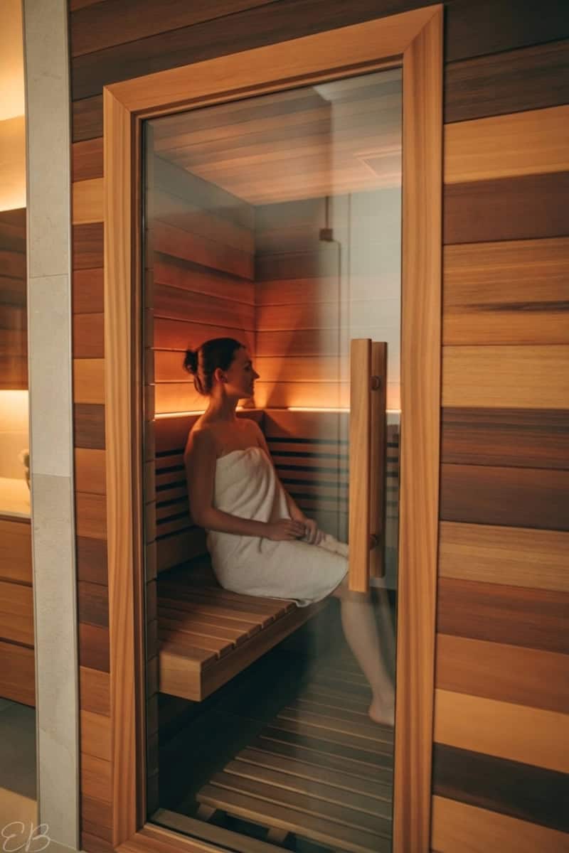 a woman using the sauna to sweat out excess copper due to copper toxicity
