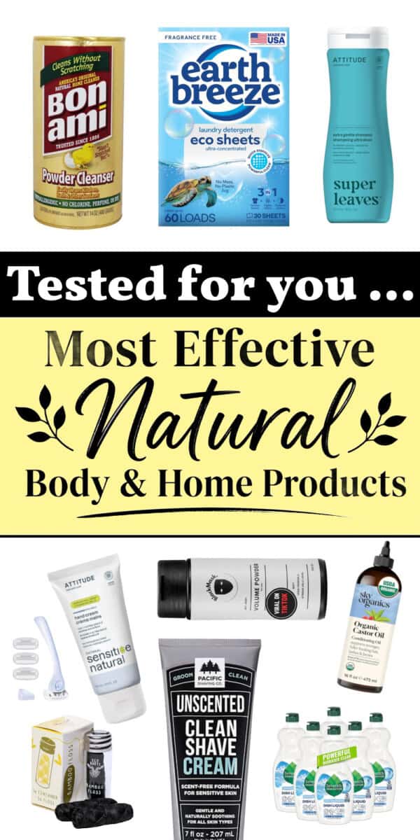 Most Effective Natural Cleaning Products and Body Products text overlay with photos of several home and body products