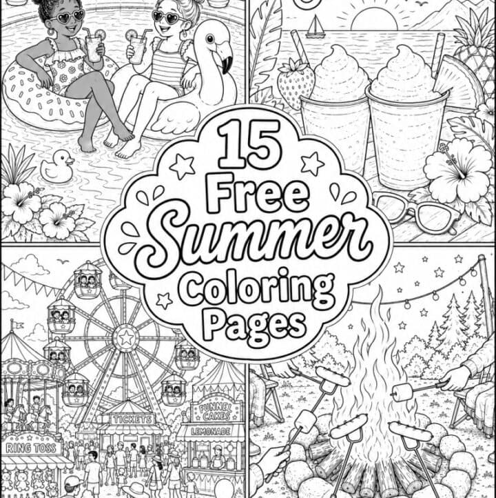 4 image examples and text overlay: 15 free summer coloring page printable PDFs