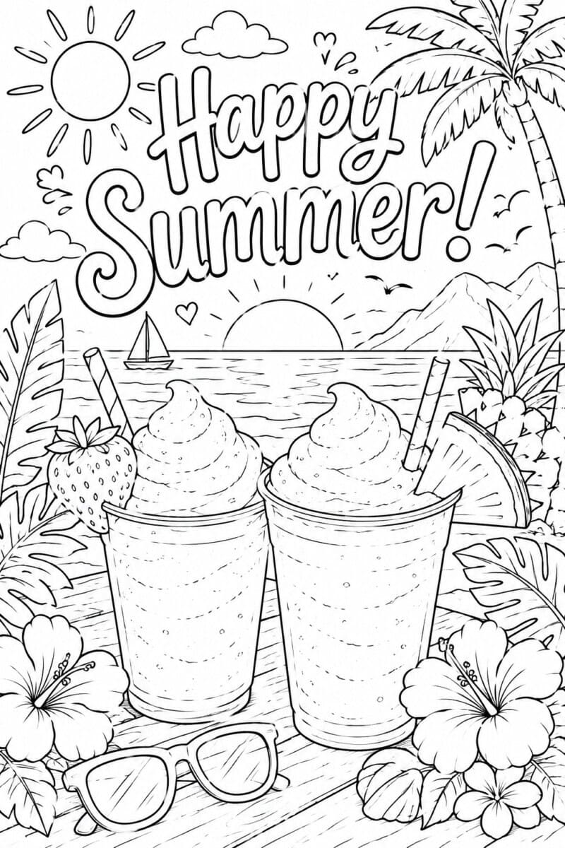 Happy Summer with two fruit smoothies or virgin cocktails and a beach scene coloring page
