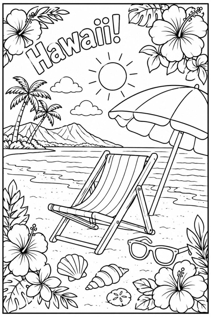 a Hawaii beach scene coloring page