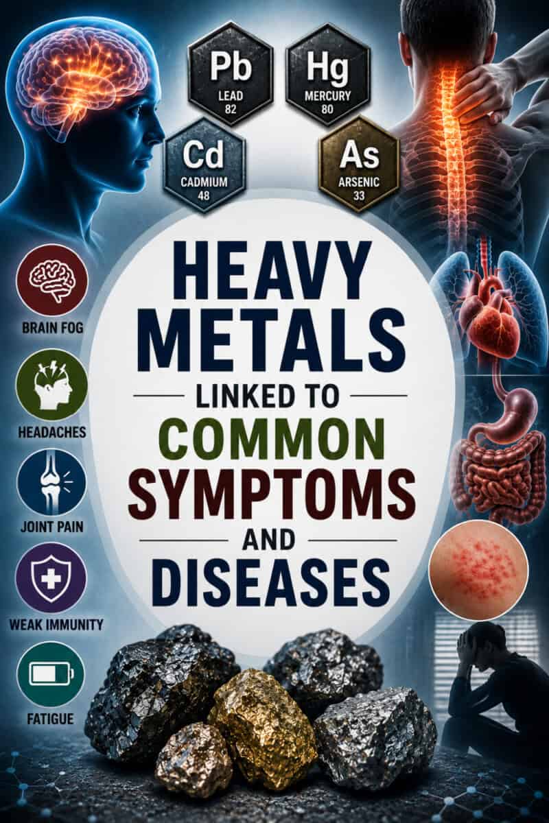 Heavy Metals Linked to Symptoms & Diseases text overlay on related images