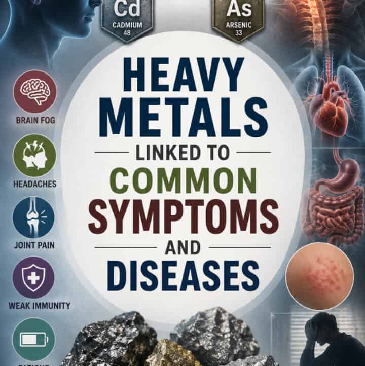 Heavy Metals Linked to Symptoms & Diseases text overlay on related images