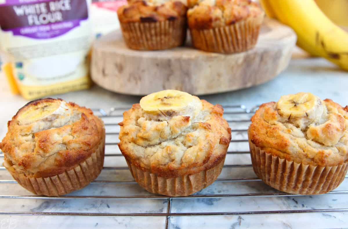 3 lined up rice flour banana muffins