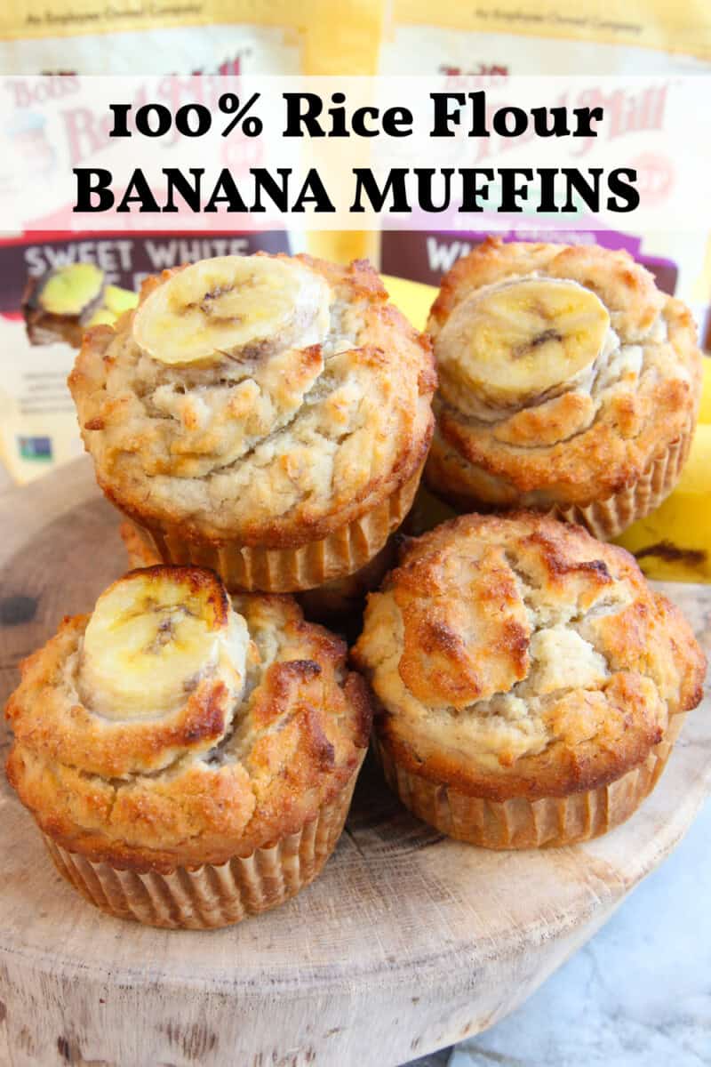 stacked white rice banana muffins with recipe title overlay