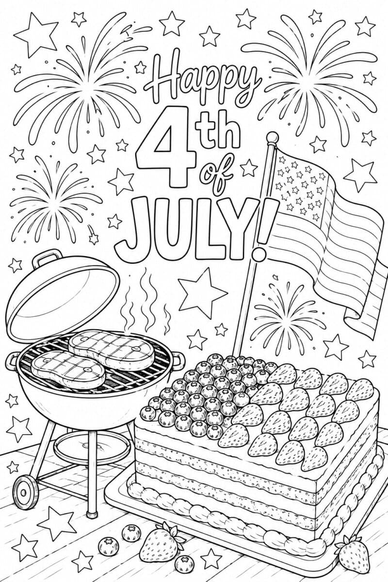 4th of July coloring page free printable, showing fireworks and a party