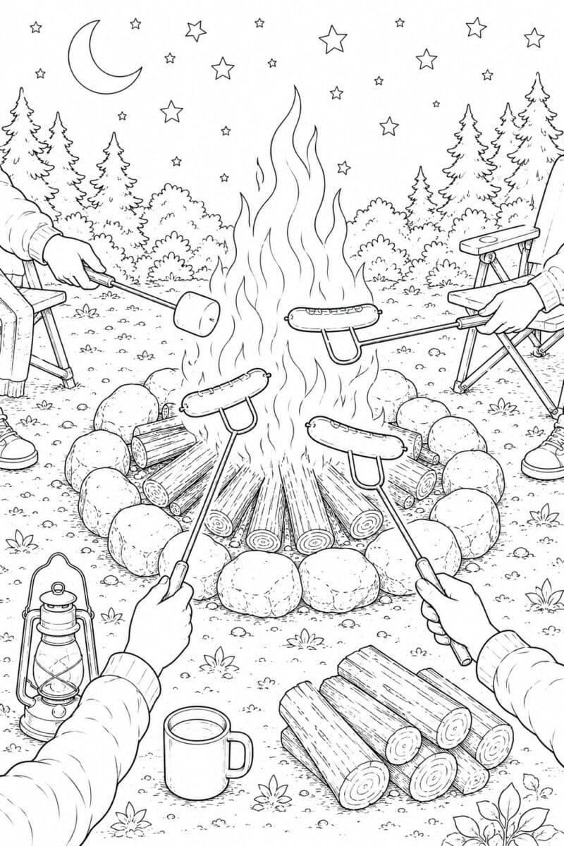 roasting hot dogs and marshmallows over a campfire coloring sheet about summer camping