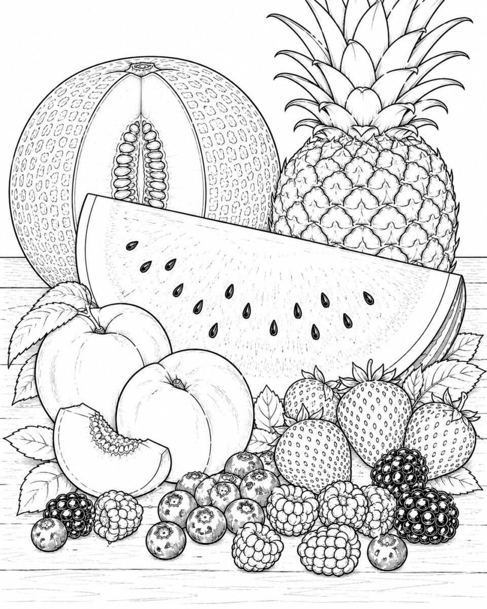 fresh summer fruits coloring page