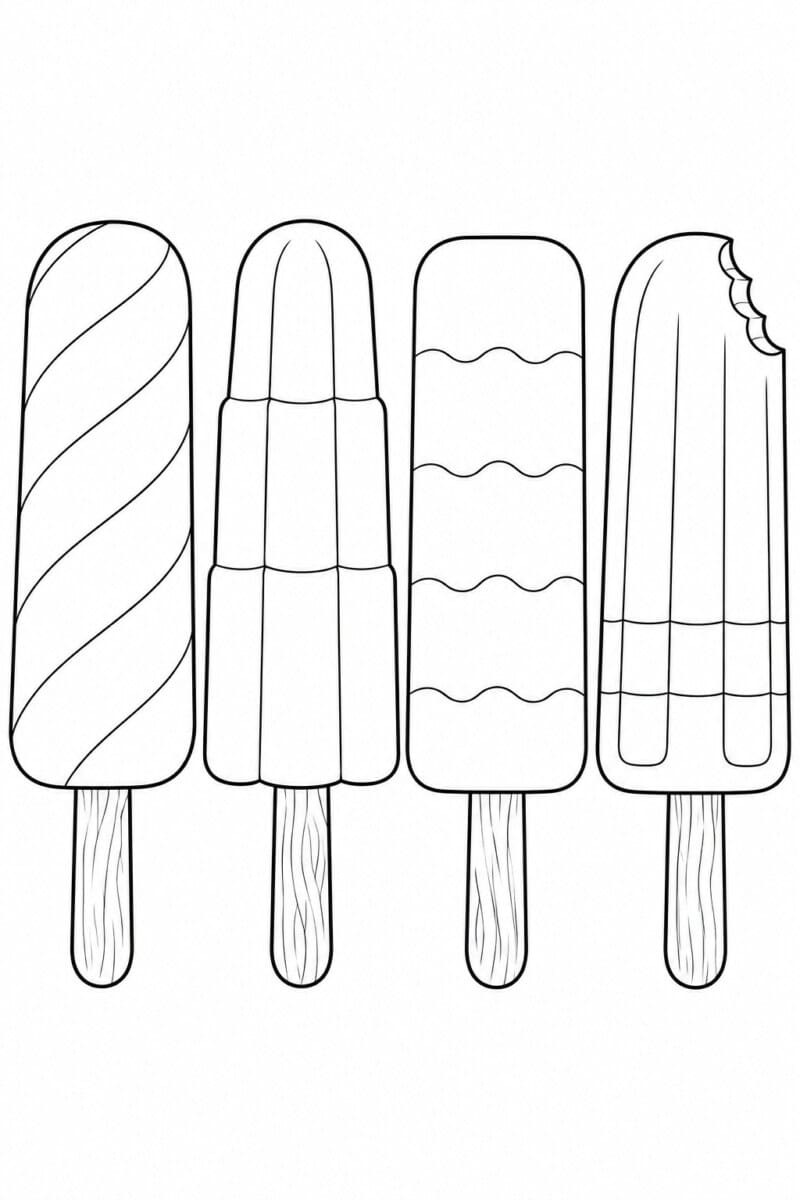 Free printable coloring page for kids or adults of 4 popsicles, celebrating summer time