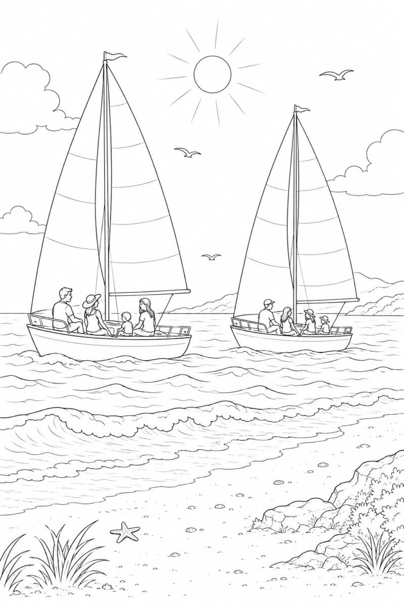 two sailboats sailing with families coloring pages for summer
