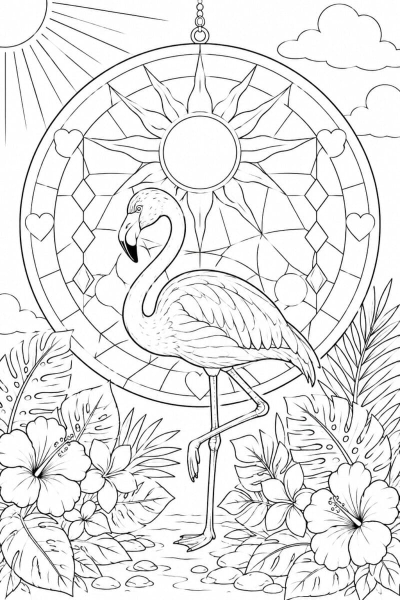 flamingo and sun catcher coloring page with tropical flowers