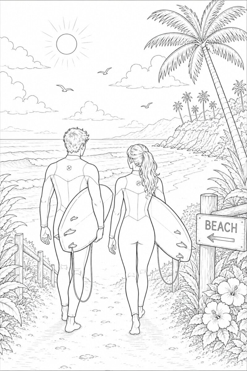 guy and girl surfers heading to the beach free coloring page