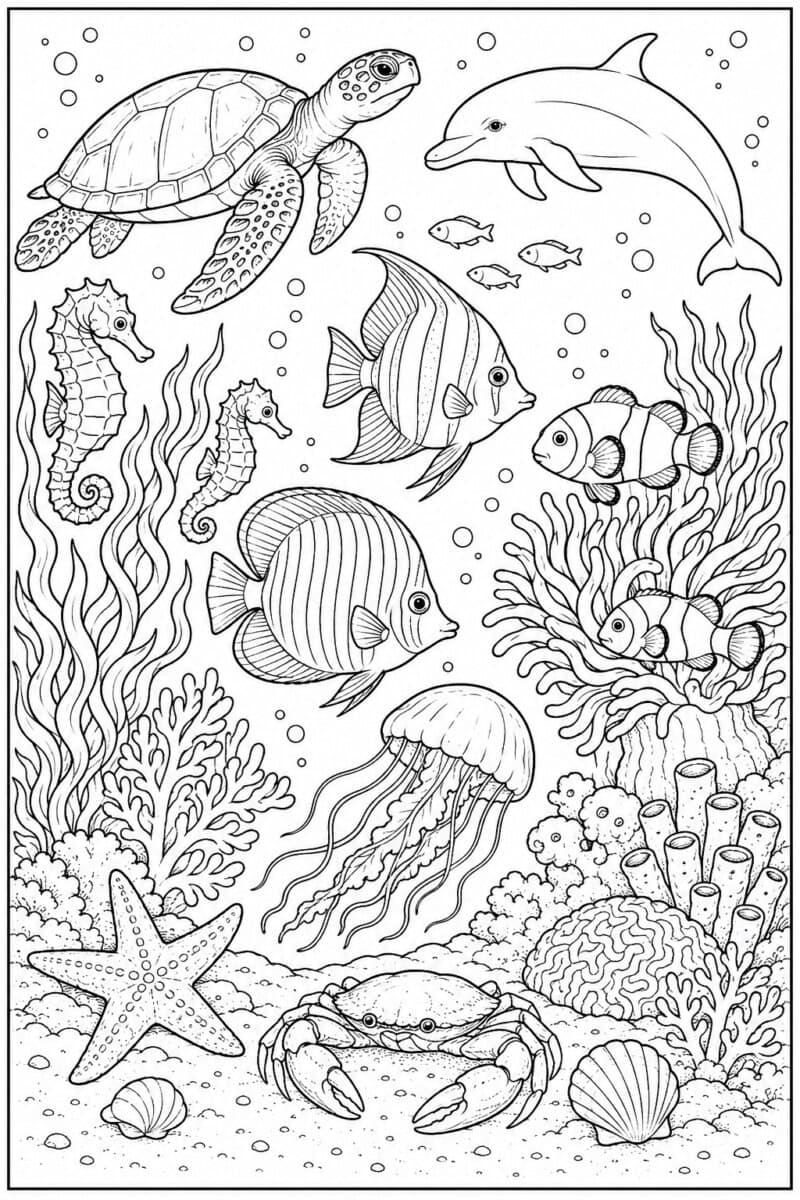 undersea fish, turtle, dolphin, jellyfish and more free coloring page