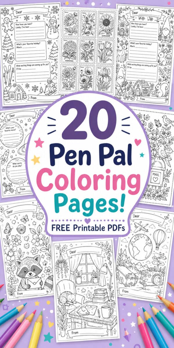 20 Pen Pal Coloring Pages text over several example images