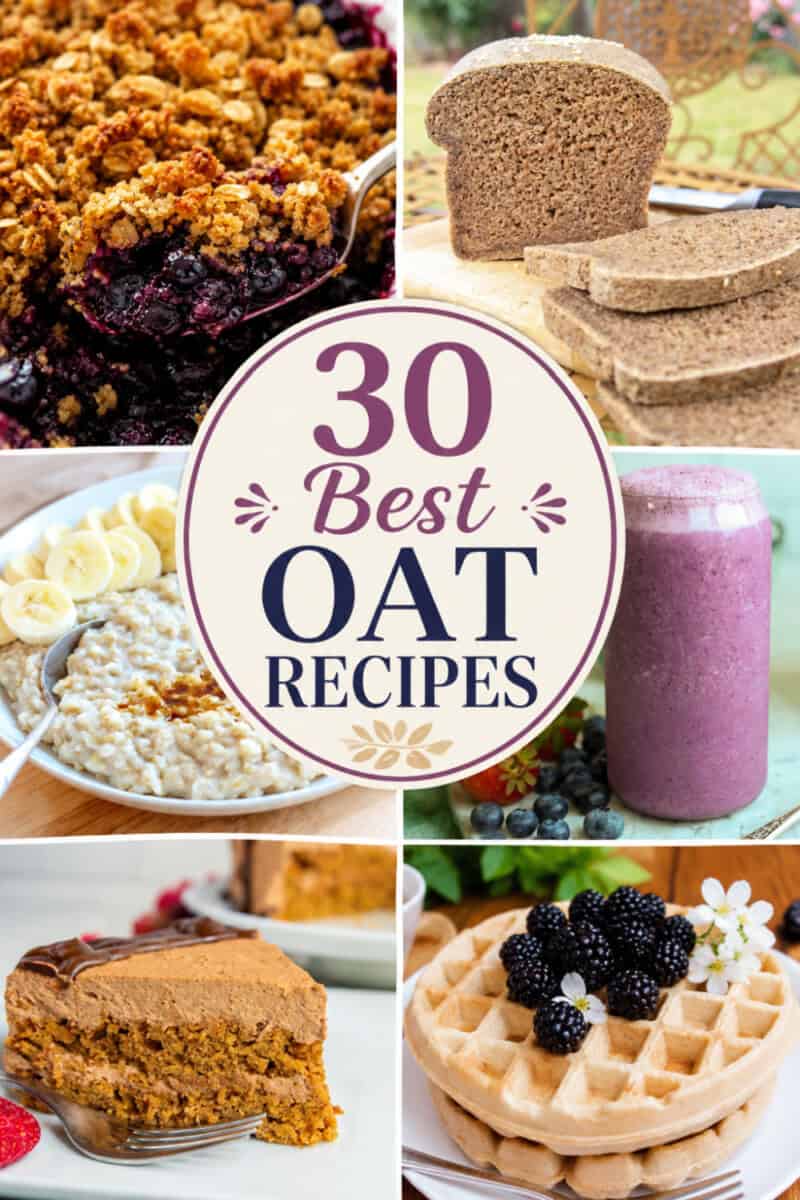 30 best oat recipes title over 6 photos showing oatmeal or oat flour recipes