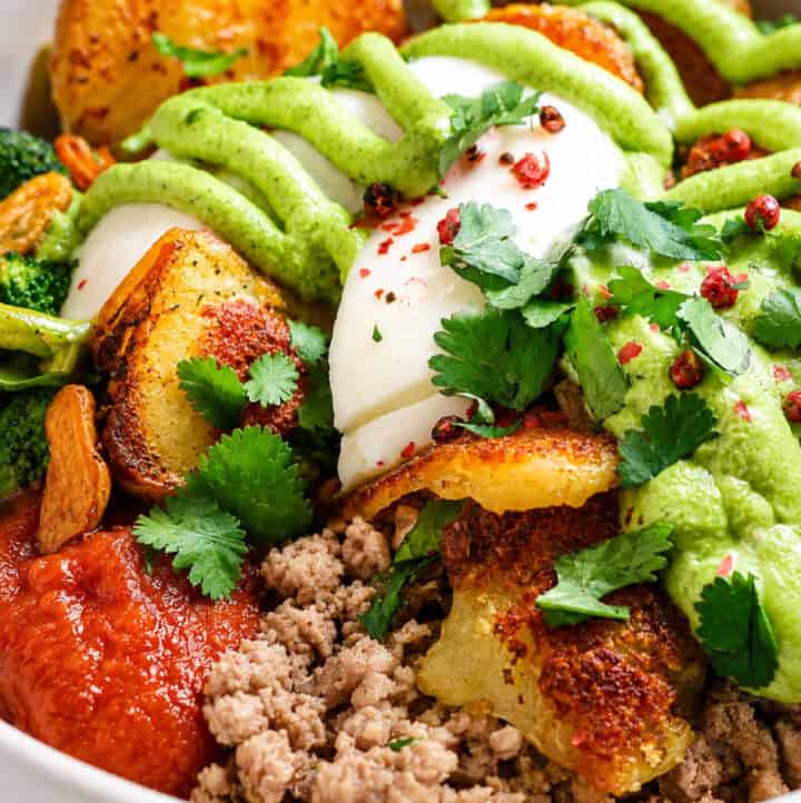 mexican ground beef potato bowl with fork going in for a bite