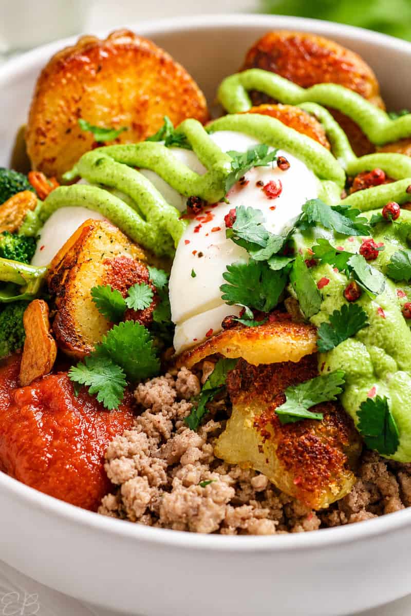 mexican ground beef potato bowl with fork going in for a bite
