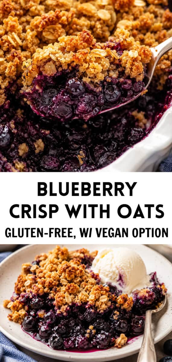 two images of blueberry crisp with oats, with banner and recipe title