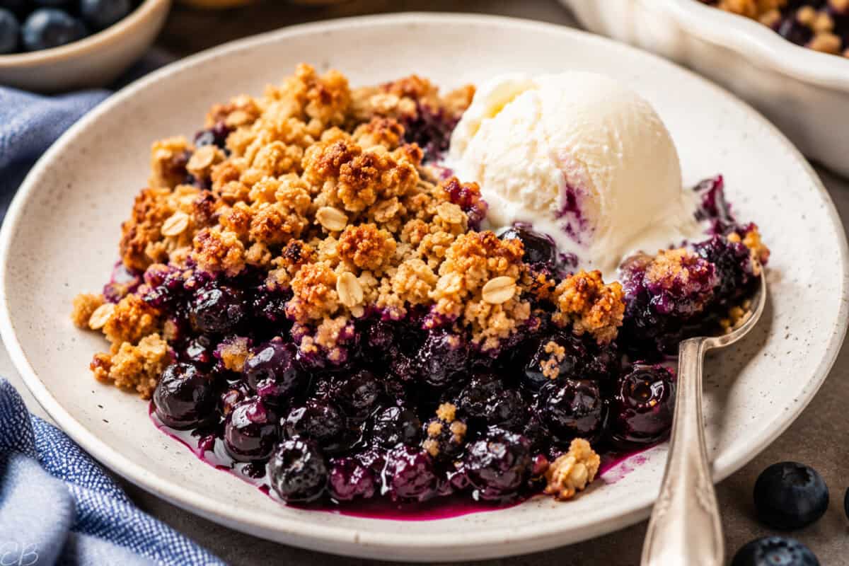 GF Vegan blueberry crisp with oats served on a plate with a spoon and scoop of vanilla ice cream