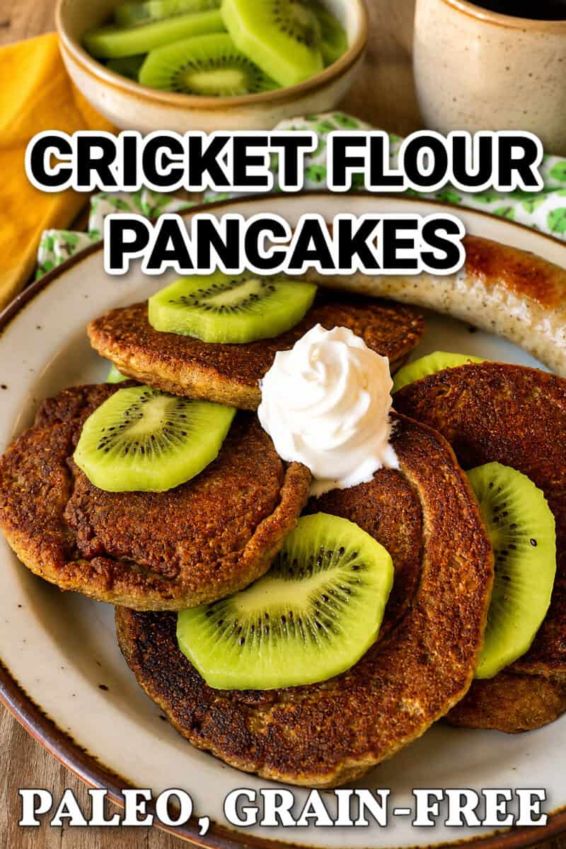 cricket flour pancakes with recipe title overlay