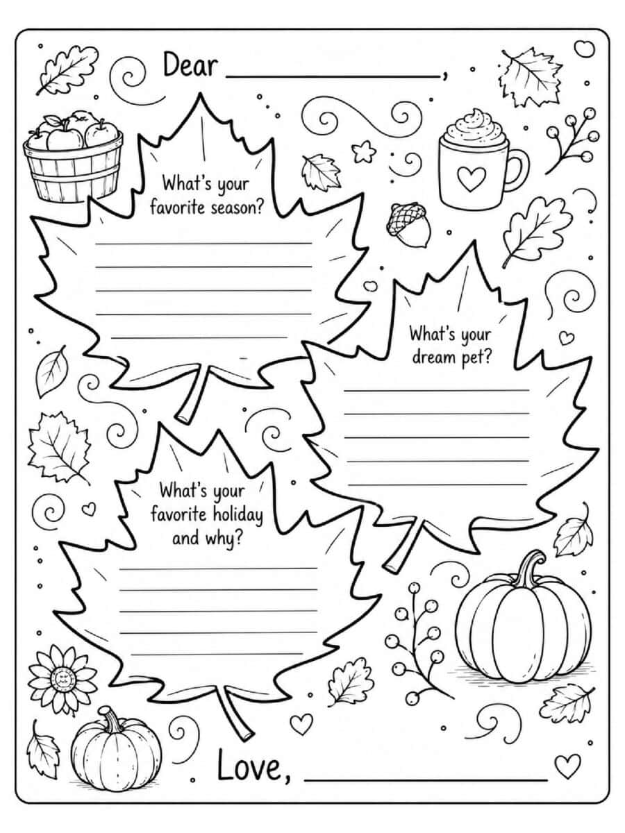 Fall pen pal letter writing prompt coloring page for kids and teachers