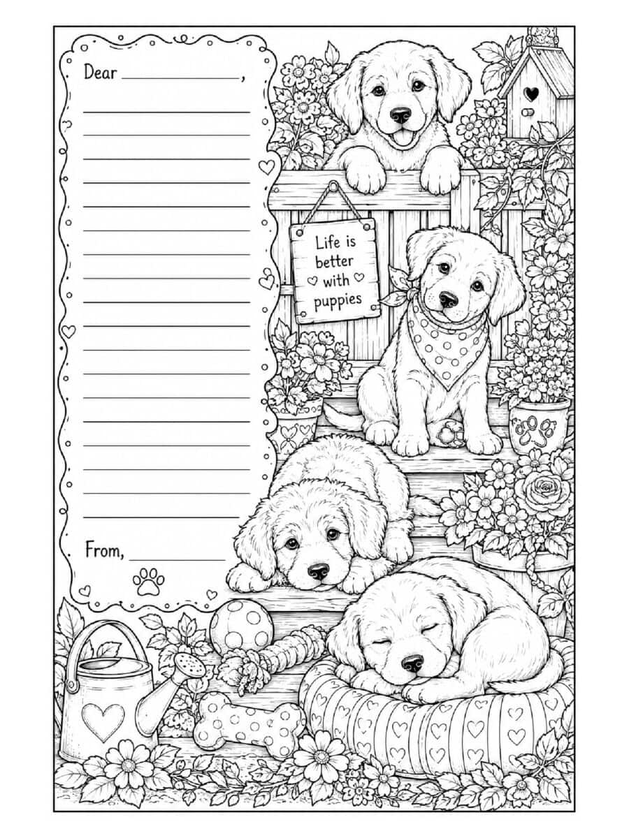puppies in the garden pen pal coloring page