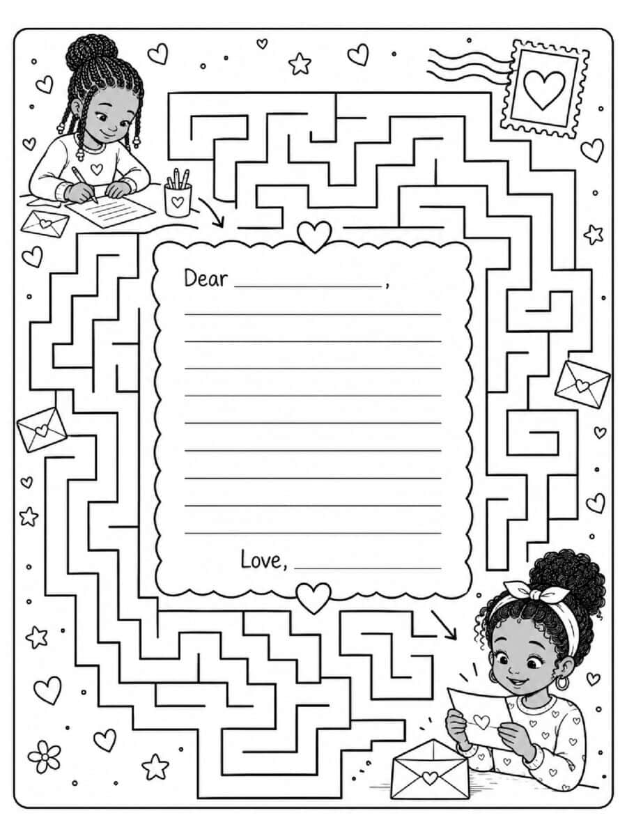 girls writing pen pal letters with maze for coloring page, writing prompt