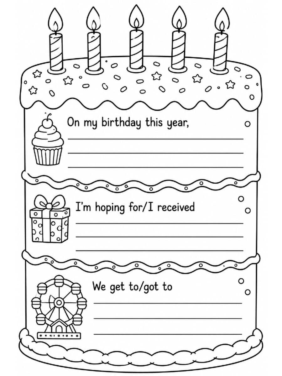 birthday cake with writing prompts pen pal coloring page