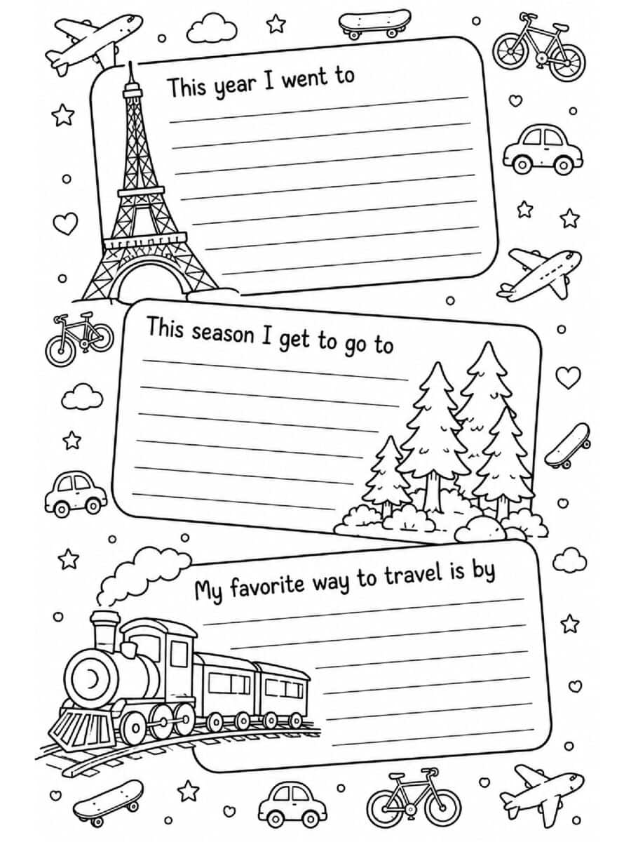 Writing prompts with ways to travel coloring page