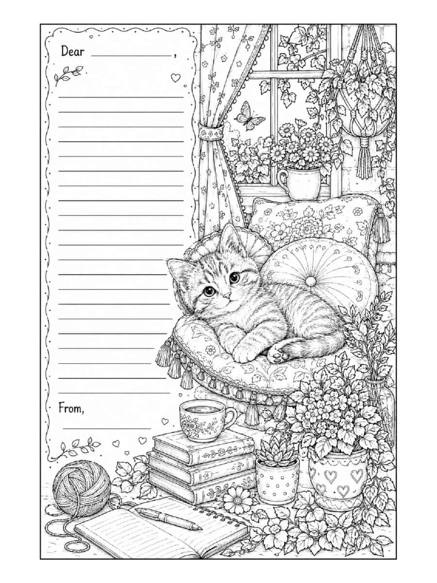 kitty in cozy chair with books and tea pen pal coloring page
