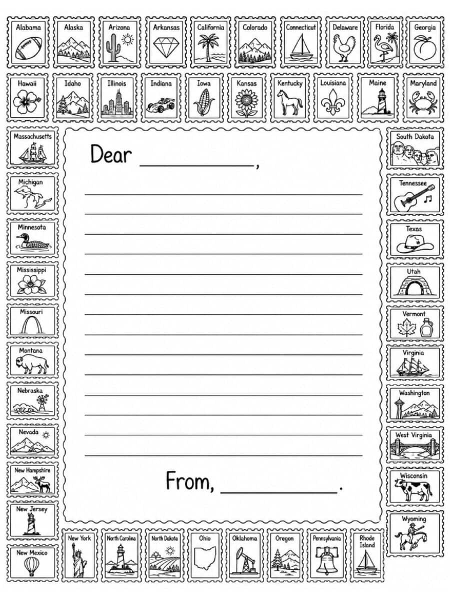50 states postage stamps pen pal coloring page for letter writing